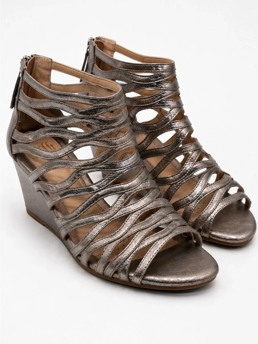 Sofft Francesca Gladiator Wedge Sandals Metallic Pewter Strappy Comfort 8.5 Zip